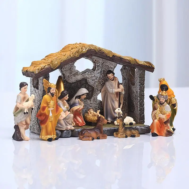 

12pcs Set Christmas Manger Nativity Set Real Life Nativity Jesus Manger Christmas Crib Ornament Holy Family Crafts Statue Decor