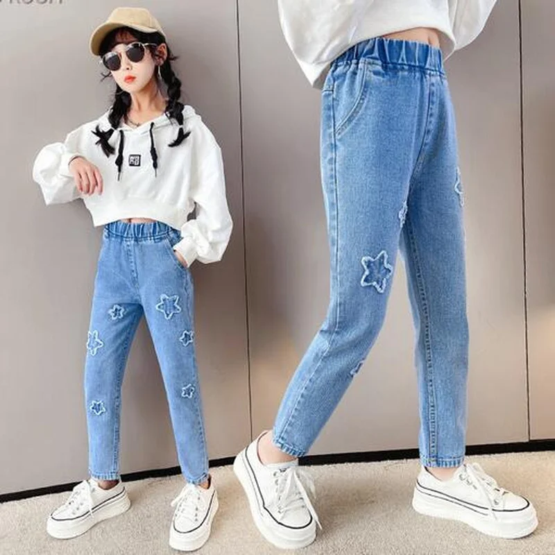 

Детские джинсы для девочек, одежда на весну и осень, детские джинсовые брюки, милые синие длинные брюки с эластичным поясом для девочек-подр...