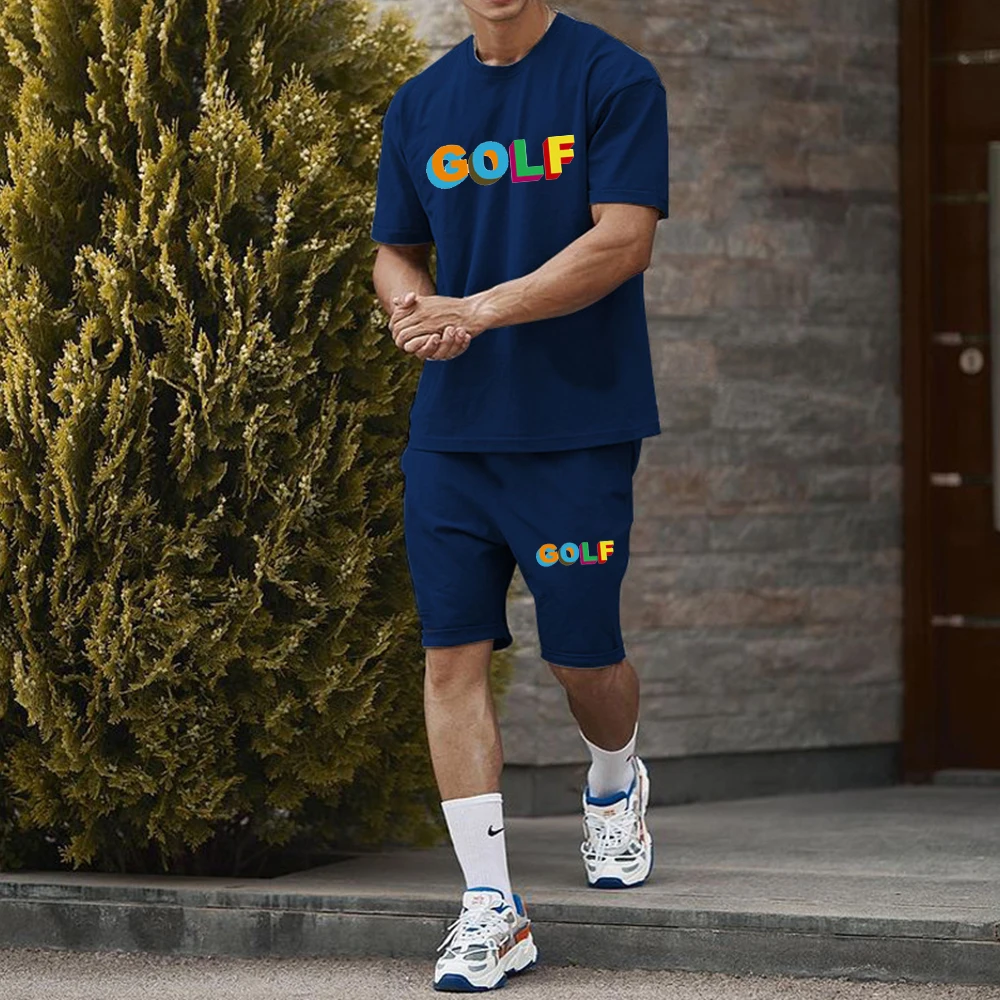 Street Trend Golf Letter Print 2023 Sports Suit Summer Men's Suit Trend Breathable Brand Sports T-shirt Casual Short Sleeve Suit