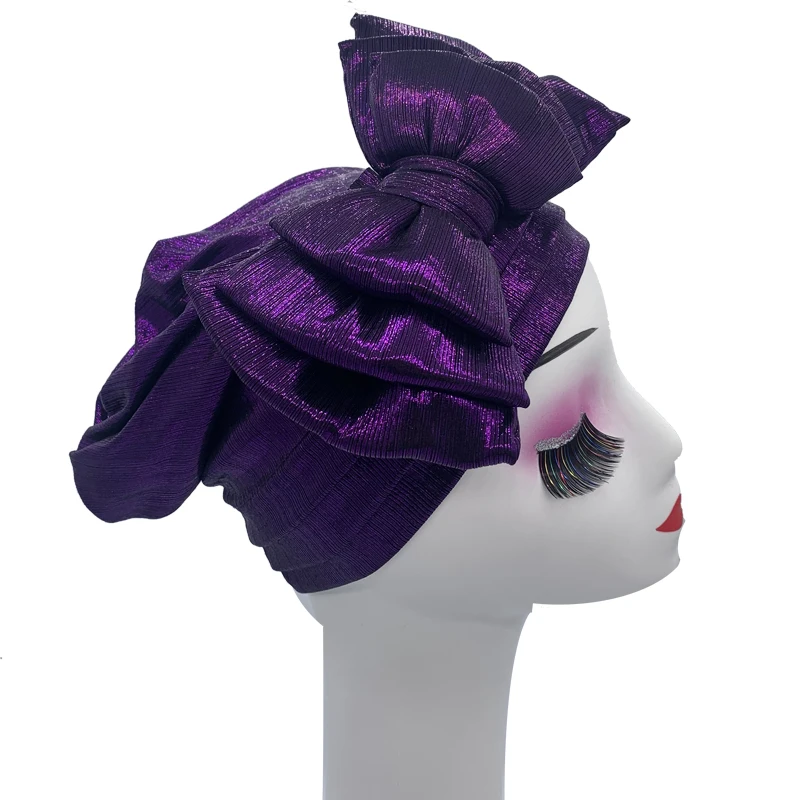 Shinning Multi-layer Bowknot Turban Cap for Woman Fashion African Headtie Nigeria Wedding Turbans Hat Muslim Headwrap Bonnet