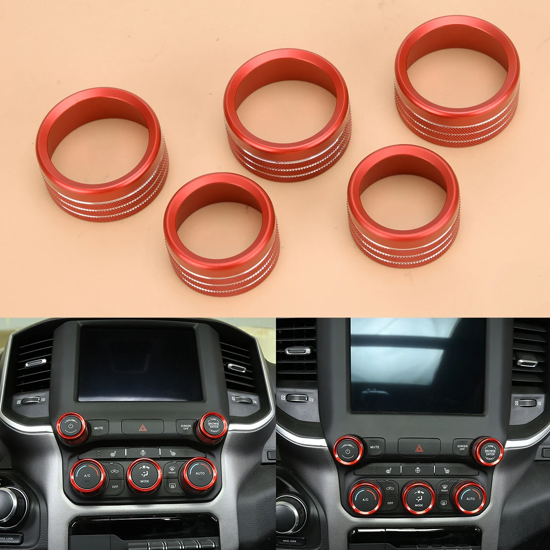

5pcs Car Center Console AC Radio Switch Knob Ring Cover Trim Aluminum Alloy Fit For Dodge Ram 1500 2020 2019 2018 New