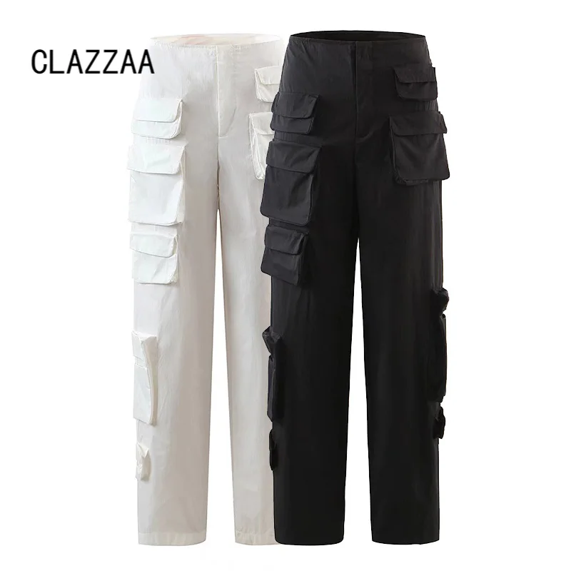 

Женские модные однотонные брюки Clazzaa на молнии спереди, винтажные длинные брюки с высокой талией, повседневные женские брюки