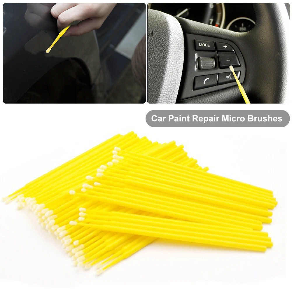 

100pcs Touch Up Paint Micro Brush Large 2MM/Small 1MM Tips - Yellow Plastic Micro Applicators 100mm Car Cleaning Tools
