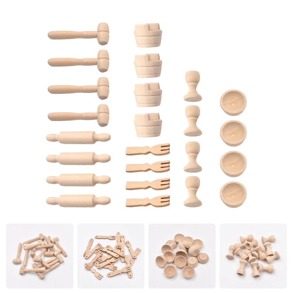 

24Pcs Cutlery Set Wood Toys Unfinished Wood Playthings DIY Wood Decors
