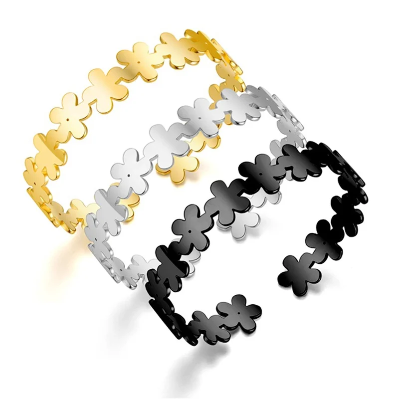 

10Pcs 12mm Width Hip Hop Stainless Steel C Open Adjustable Hollow Flower Bangles For Womens Mens Bangles Fashion Gifts Jewelry