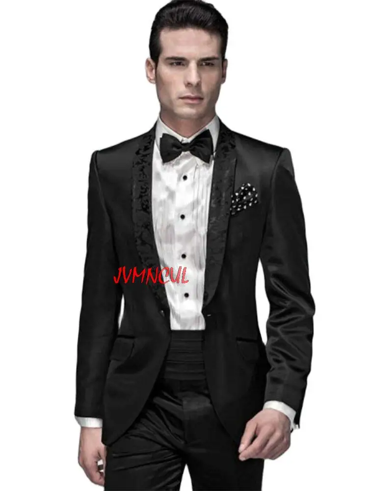 

Handsome Black Men's Suits Groomsmen Patterned Shawl Lapel Blazer Trousers Party Wear Male Wedding Suits(Jacket+Pants+Bow Tie)