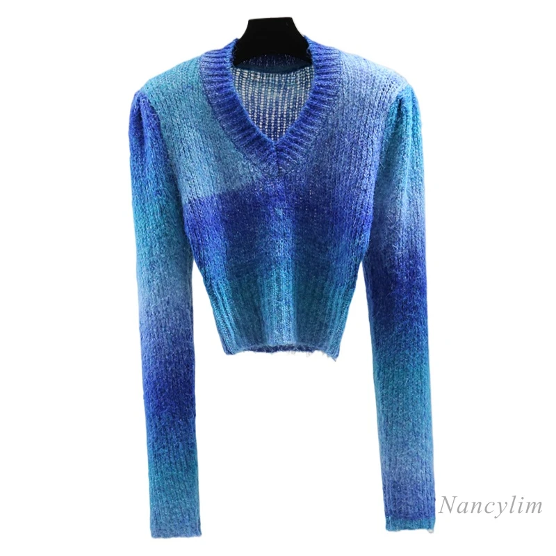 Синий вязаный свитер с градиентным V-образным вырезом Женский весенне-зимний