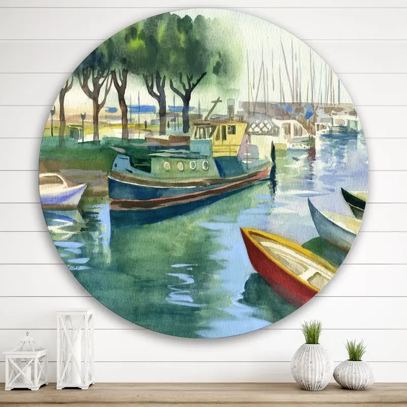 

'Boats At The Lake in Green Spring' Traditional Circle Metal Wall Art 36x36 - Disc of 36