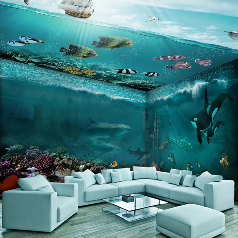 

Custom 3D Photo Mural Underwater World Theme Home Decor Sea Shark Fish Ancient Castle Wallpaper for Kids Bedroom Background Wall