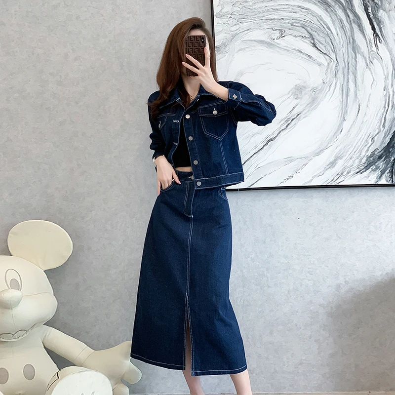 

Женский джинсовый костюм из двух предметов, элегантный синий однобортный Топ с длинным рукавом и облегающая юбка с высокой талией в офисном стиле на осень и зиму