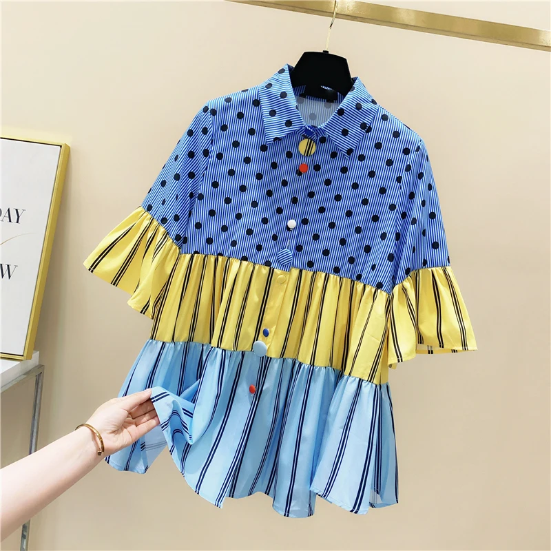 Summer New Design Patchwork Chiffon Women Shirts 2021 Turn-Down Collar Half Sleeved Pleated Elegant Office Lady Outwear Tops enlarge