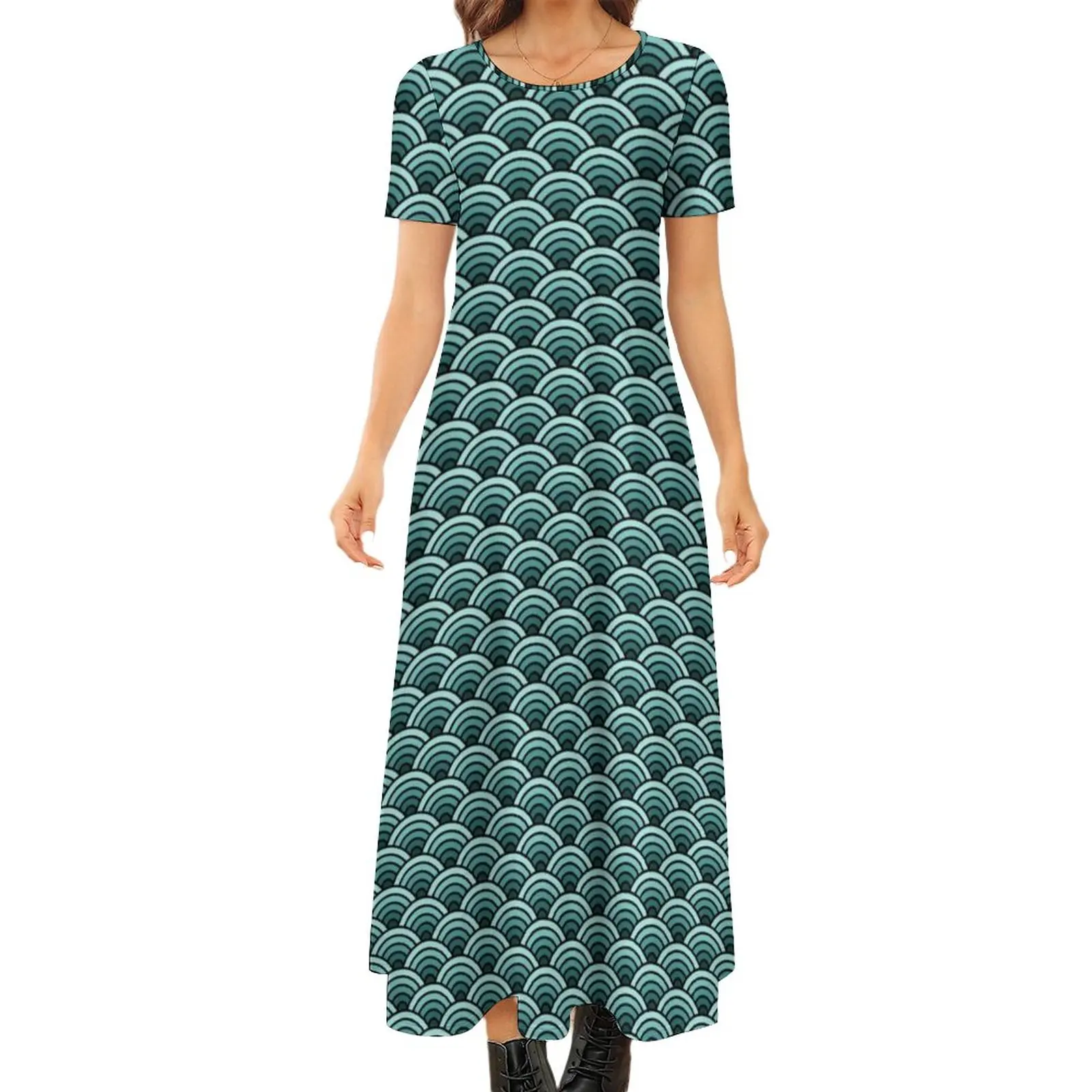 

Green Blue Seigaiha Dress Traditional Japan Elegant Maxi Dress Street Fashion Boho Beach Long Dresses Graphic Oversize Clothes