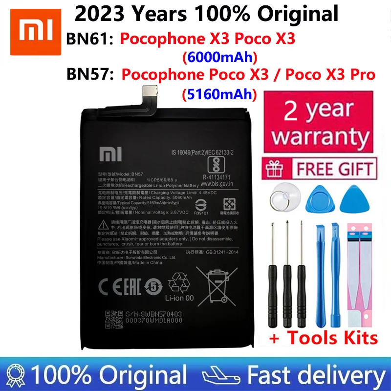 

2023 100% Original Xiao mi BN57 BN61 6000mAh Phone Battery For Xiaomi Pocophone X3 Poco X3 Pro Replacement Batteries + Tool