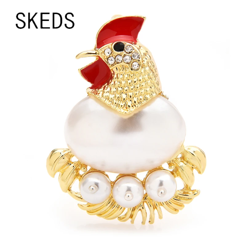 

SKEDS Fashion Cute Chicken and egg Crystal Pearl Brooches For Women Enamel Animal Badges Lady Exquisite Party Brooch Pin Gift