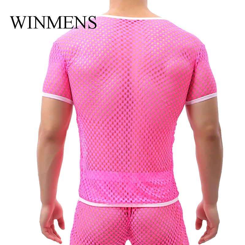 Men's Fishnet See Through Undershirts Summer Funny Cut-outs Mesh Short Sleeve Shirts Ultra Elastie Sheer Gay Bodysuit Breathable