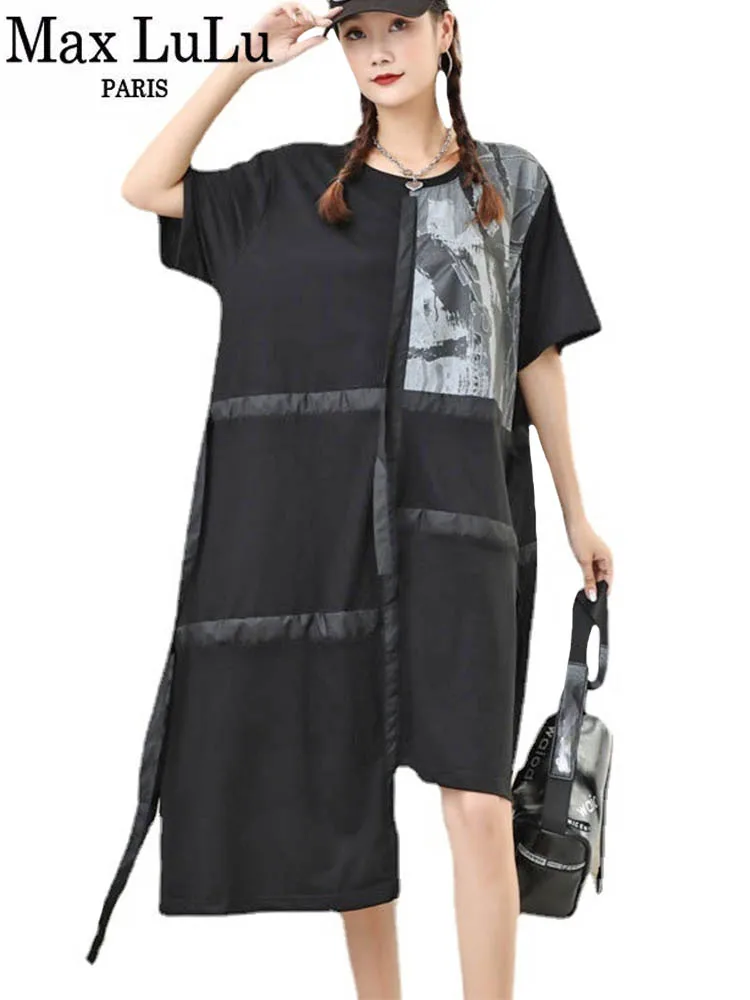 Max LuLu Summer 2022 Fashion Vintage Patchwork Clothes Womens Leisure Loose Printed O-Neck Black Dresses Punk Style Streetwear