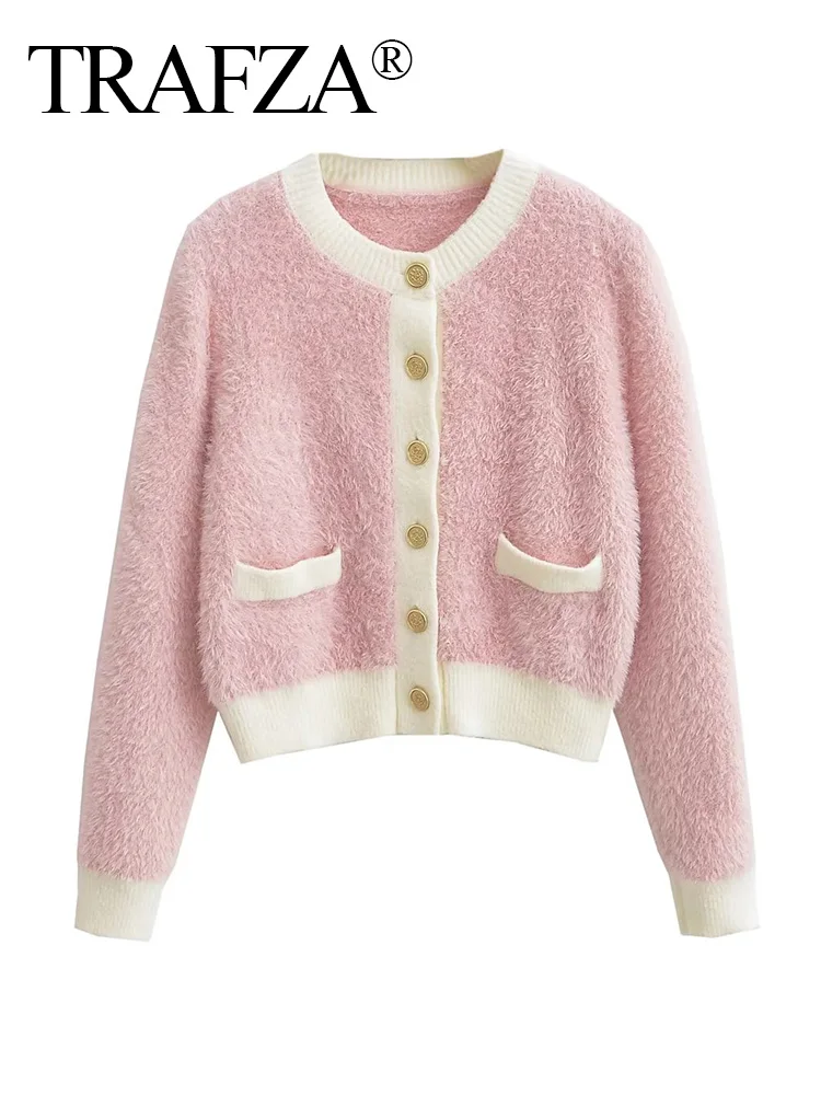 

TRAFZA Women Vintage Overcoat Single Breasted Fleece Coat New Autumn Winter Mohair Wool Knitted Sweater Cardigan
