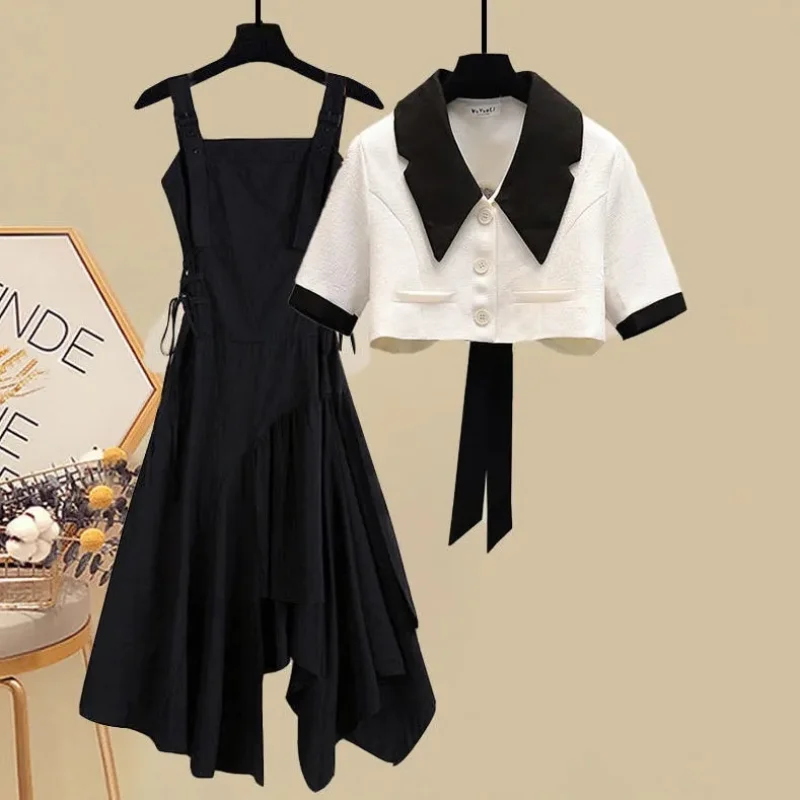 Summer Set for Women 2023 New Style Wear with Age Reducing Short Sleeve Top for Slim and Versatile Strap Dress Two Piece Set