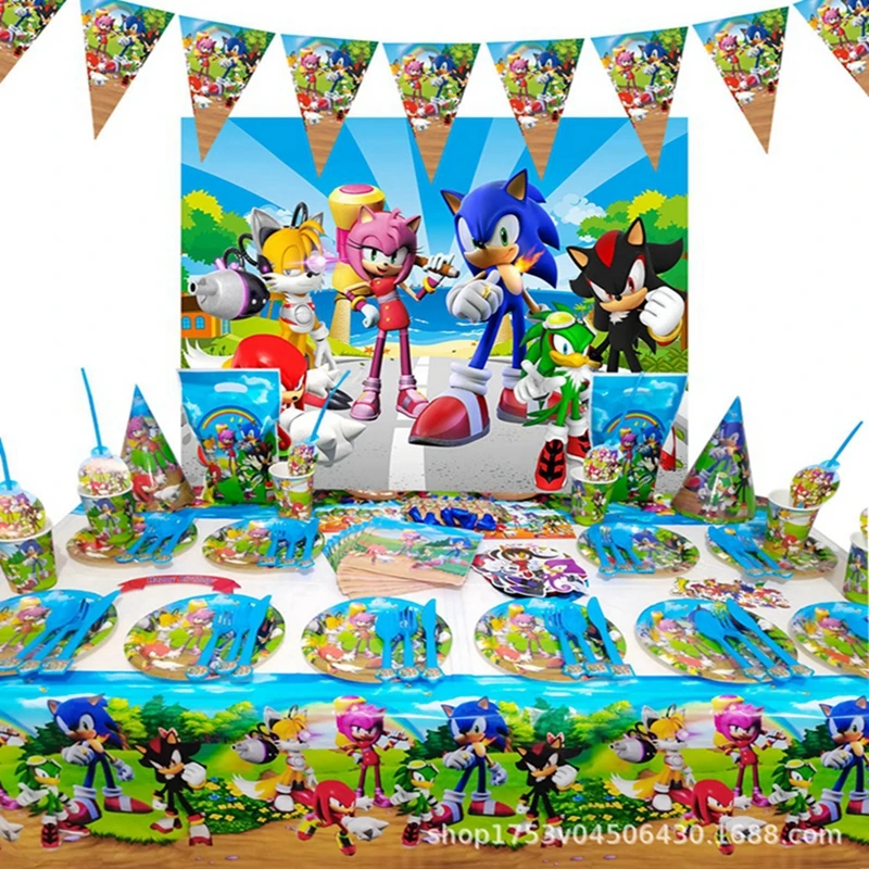 

Bandai Cartoon Sonic Party Supplies Boys Birthday Party Disposable Tableware Set Paper Plate Cup Napkins Baby Shower Decorations