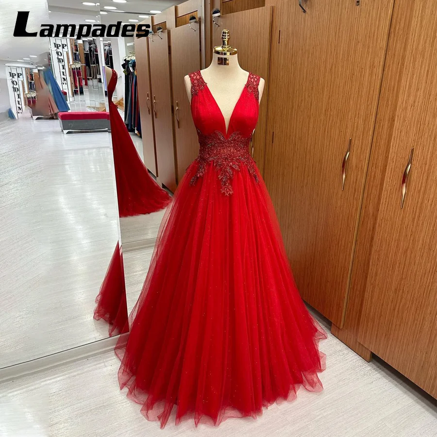 

Turn Heads with this Showstopping Red V-Neck Prom Dress with Crystal Belt and Sweep Train Formal Occasions Dresses For Festa De
