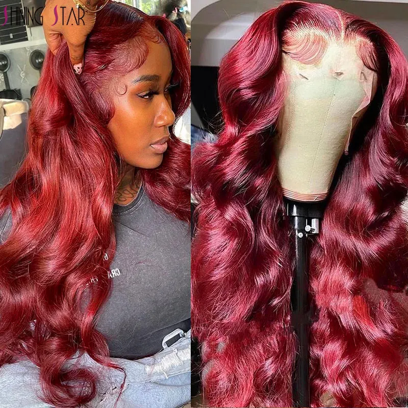 Colored Burgundy Lace Front Wig Red Pre Plucked 13X4 Hd Lace Frontal Wigs Human Hair 30 Inch Body Wave Lace Front Wig Curly Hair