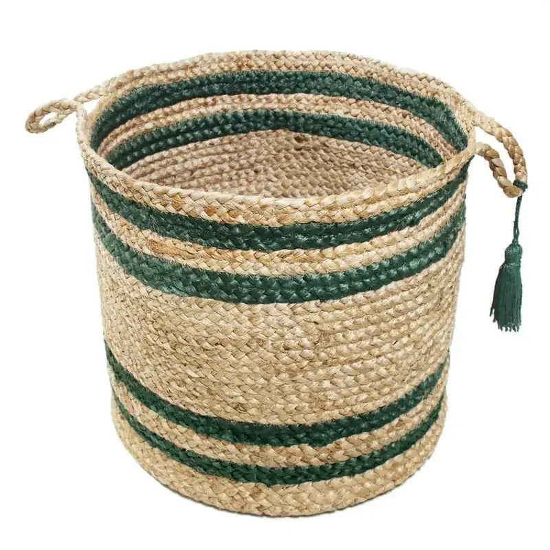 

High Quality, Natural Striped Jute Basket - Modern 19" Green Storage Solution, 1-Count