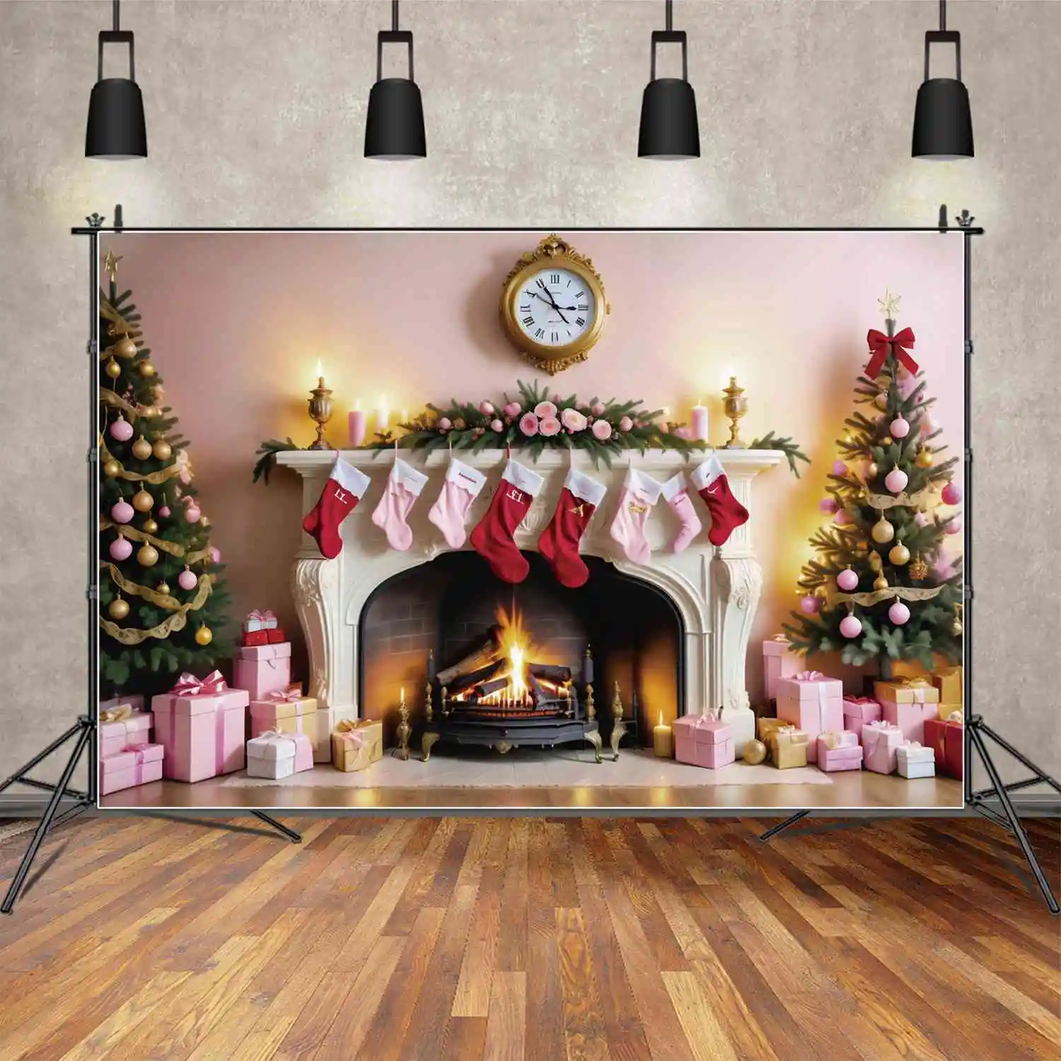 

MOON.QG Backdrop Pink Christmas Decorations Fireplace for Home Background Photography Novelties Ornaments Photozone Accessories