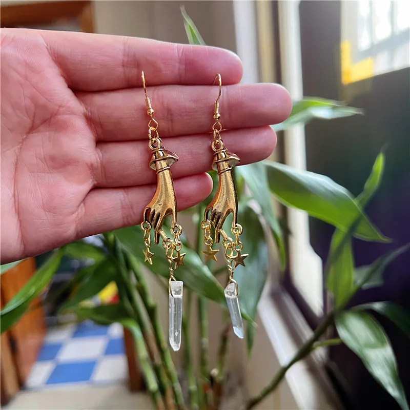

Gold Hand & Star Natural Quartz Earrings, Mystery Earrings for Women, Irregular Crystal Earrings, Hippie Boho Witchy Gifts