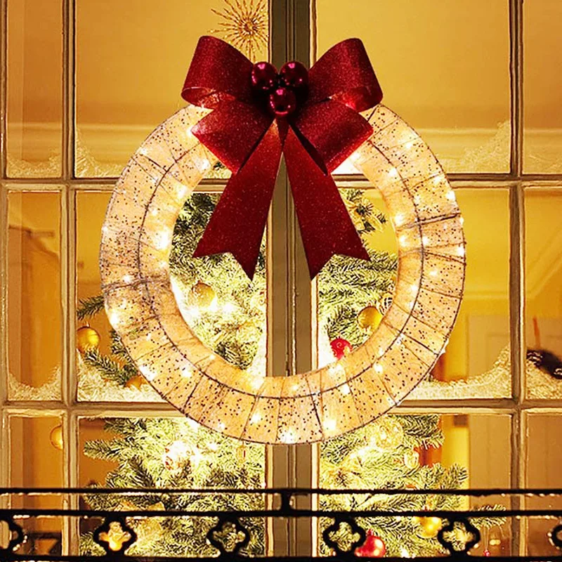 

2023 Christmas Garland Metal Luminous Christmas Wreath With Big Bowknot Warm Lights Christmas Front Door Home Party Door Hanging