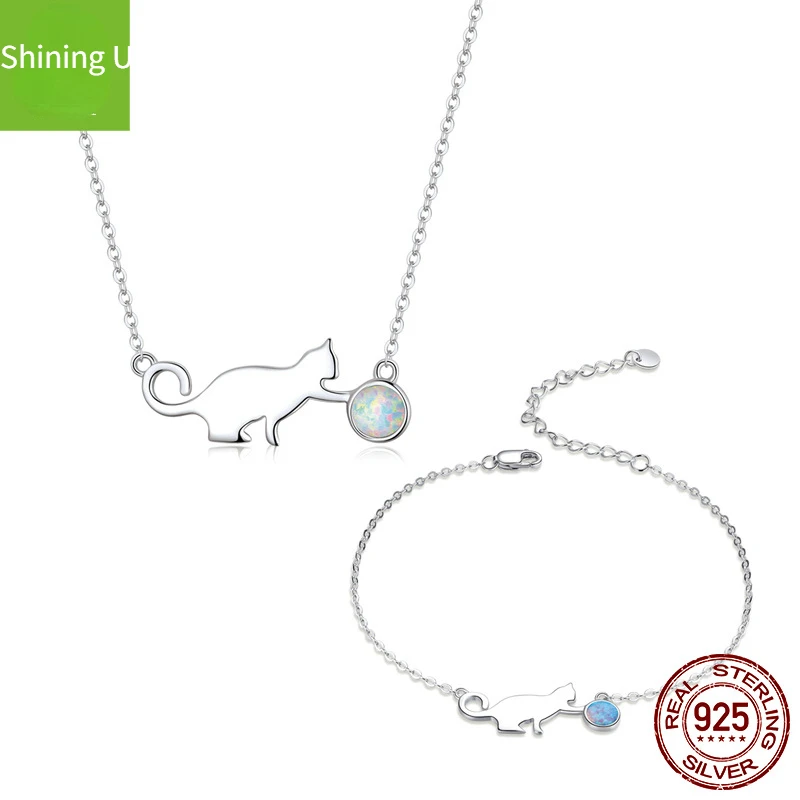 

Shining U S925 Silver Opal Bracelet Necklace Cat Plated In Platinum