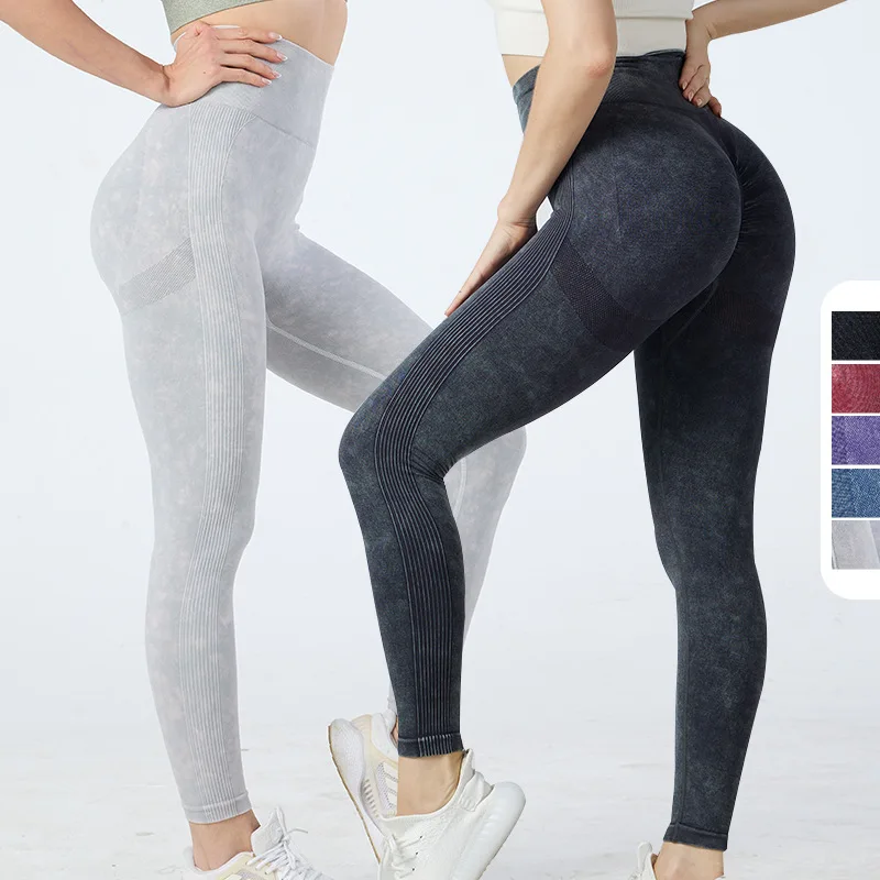 Vintage Washed Pattern Seamless Leggings High Waist Yoga Pants Push Up Gym Workout Leggings Yoga Female Clothing