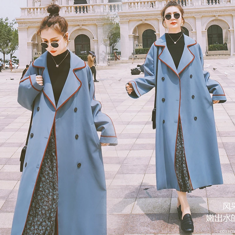 

Модное женское пальто YASUGUOJI, синее двубортное пальто X-Long с поясом, женская верхняя одежда свободного покроя в Корейском стиле на весну и осень