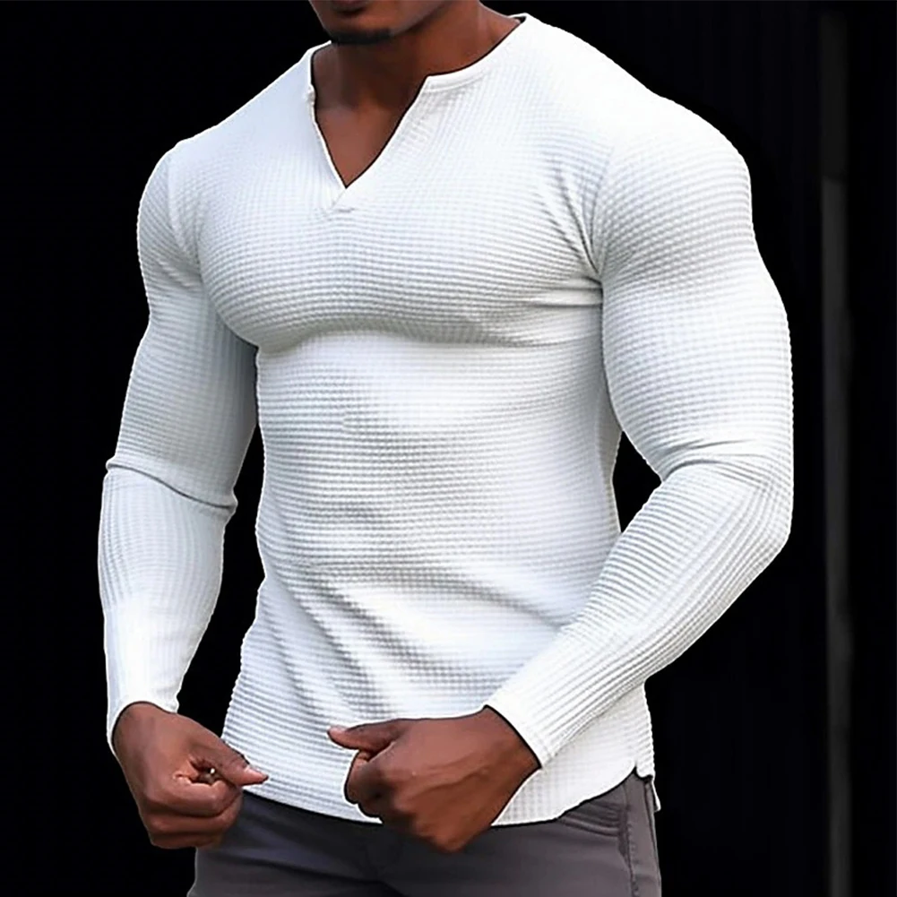 

Trendy Mens Long Sleeve Slim Fit T Shirt Vintage Pullover Top for Casual and Sporty Look Comfortable Waffle Fabric Black/White