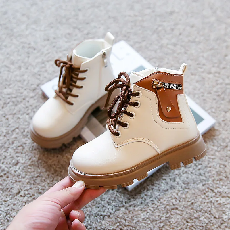 

Kid Splicing Shoes Girl Boy Lace Up Zip Ankle Boots 2022 Autumn Child Square Heel Non-slip Outside Walk Fashion Shoe 26-36