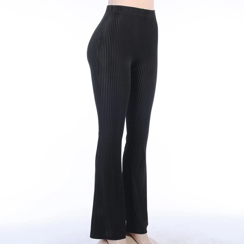 

Women Dark Gothic Punk High Waist Flare Pants Harajuku Ribbed Velvet Striped Black Wide Leg Bell Bottom Skinny Trousers