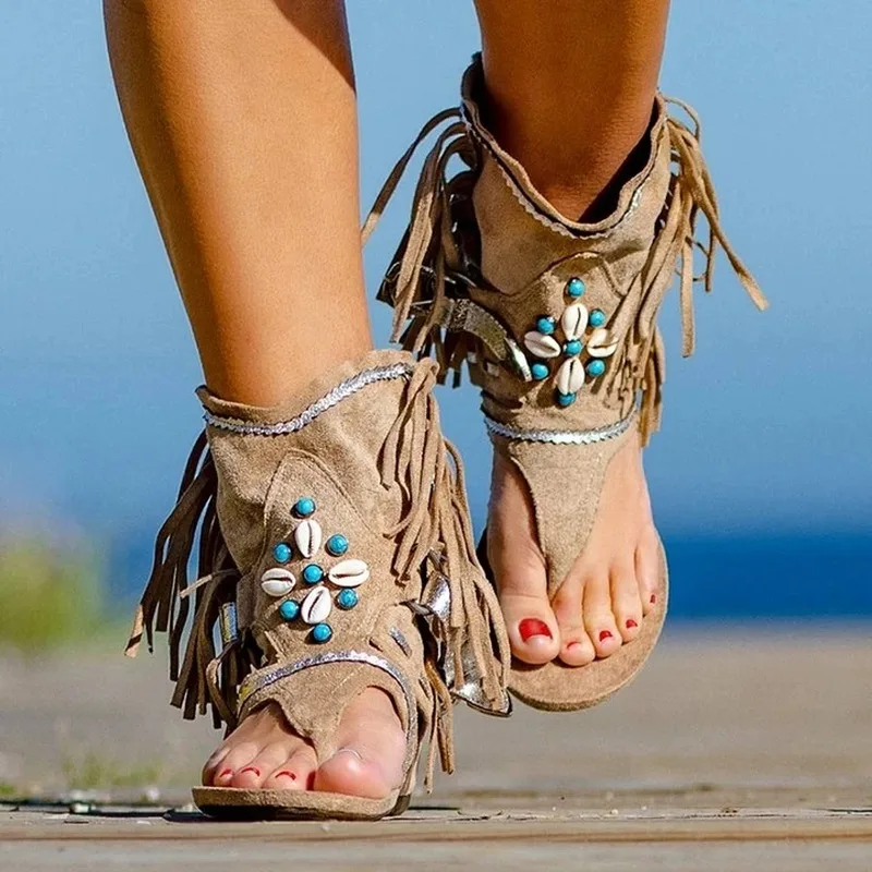 Women Summer Flip Flop Sandals FeMALE Fringe Flower Wedges Flock Beach Casual Shoes