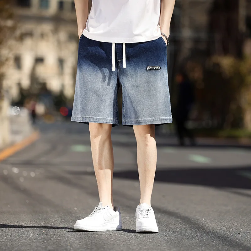 

Summer Gradient Denim Shorts Men's Casual Loose Straight Drawstring Jeans Shorts Male Oversized Ice Silk Fashion Quarter Pants