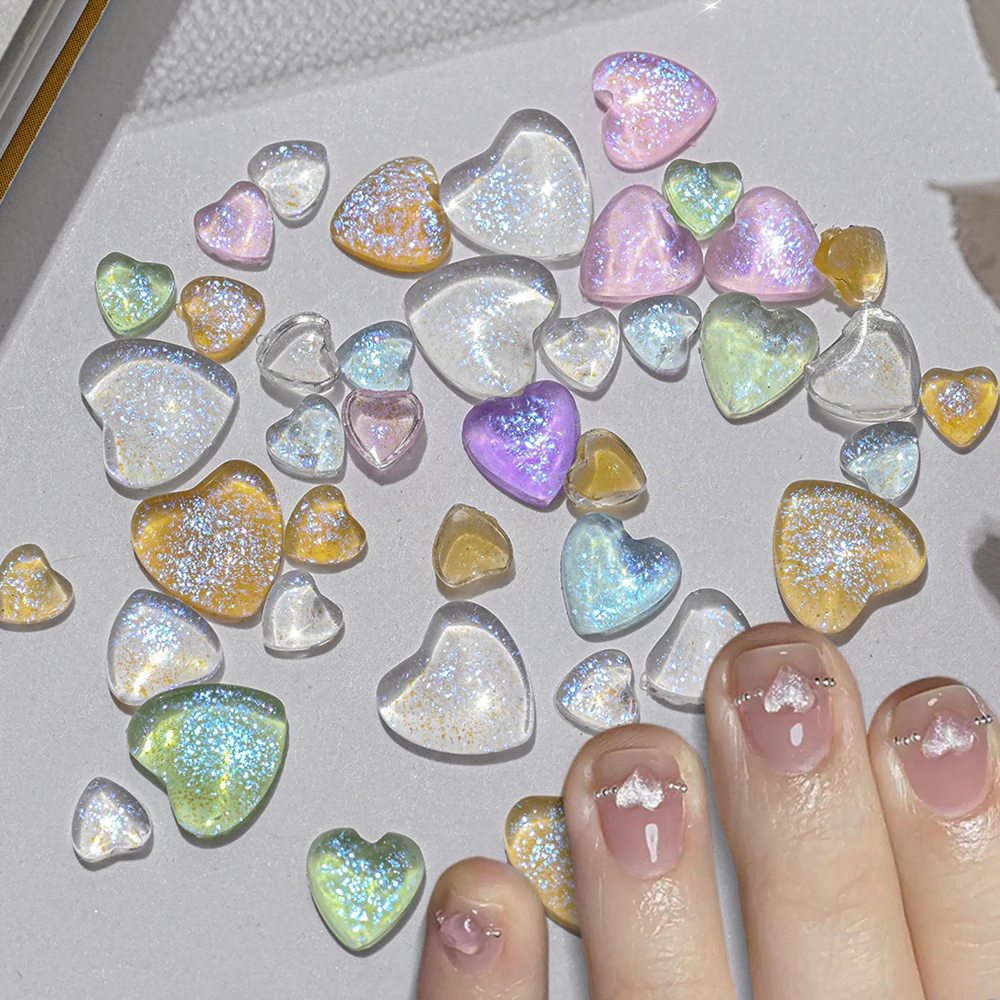 

100pcs Aurora Glitter Heart Shape Nail Art Decoration Resin Dimming Love Color Manicure DIY Accessories 8/6/3mm Nail Rhinestones