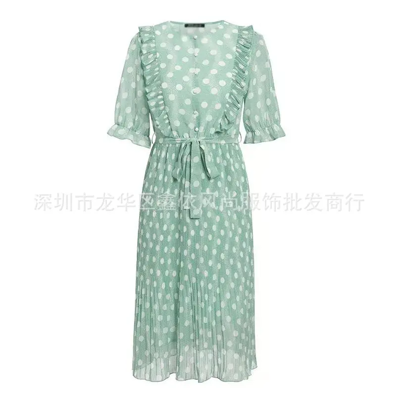 

Fashion Dresses for women 2023 New Buttrefly Sleeved V-neck Polka Dot Pleated Small Clear Mid Length Chiffon Female Sweet Dress