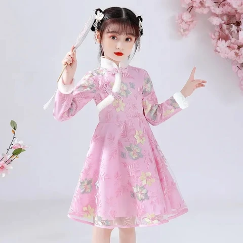 Плюшевая зимняя Подростковая китайская Новогодняя одежда, розовые, синие, красные платья-Ципао с вышивкой для девочек 2023