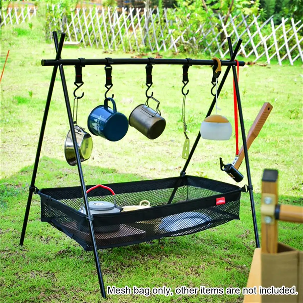 

Outdoor Picnic Under Table Storage Bag Mesh Bag Desk Box Tripod Mesh Basket Organizer For Camping Tableware Storage Tripod Rack