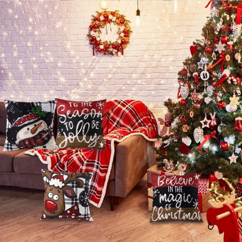 Рождественский снеговик в клетку Баффало зимние наволочки с оленями