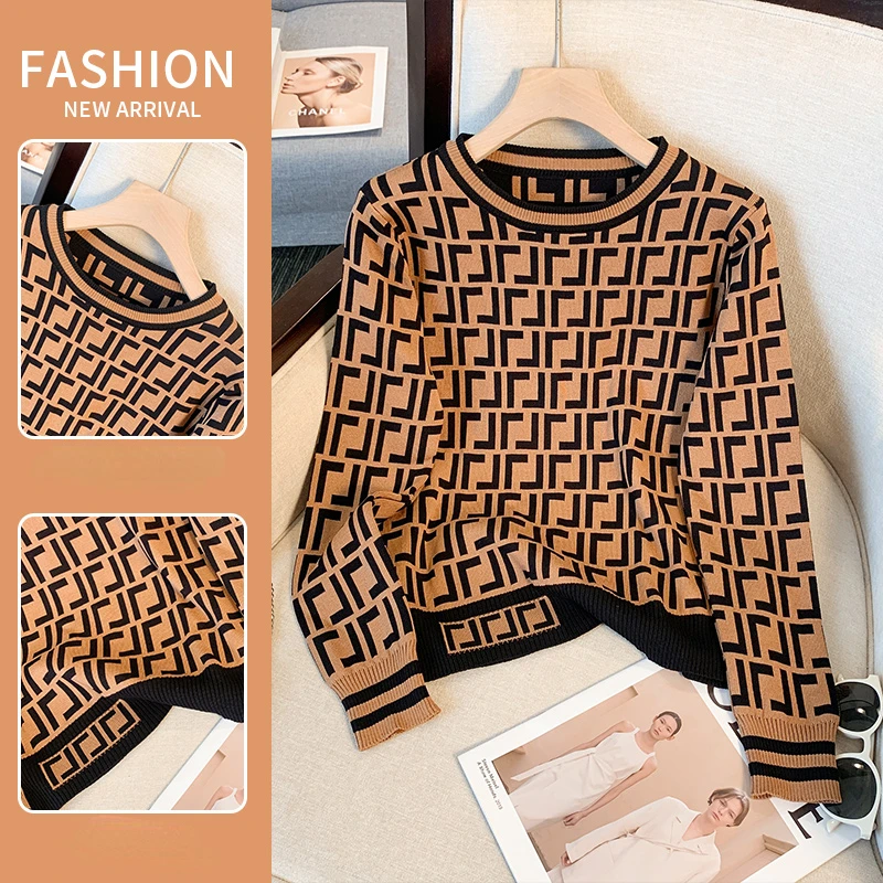 Винтажный Женский Клетчатый Жаккардовый Свитер Вязаные Пуловеры С Длинными