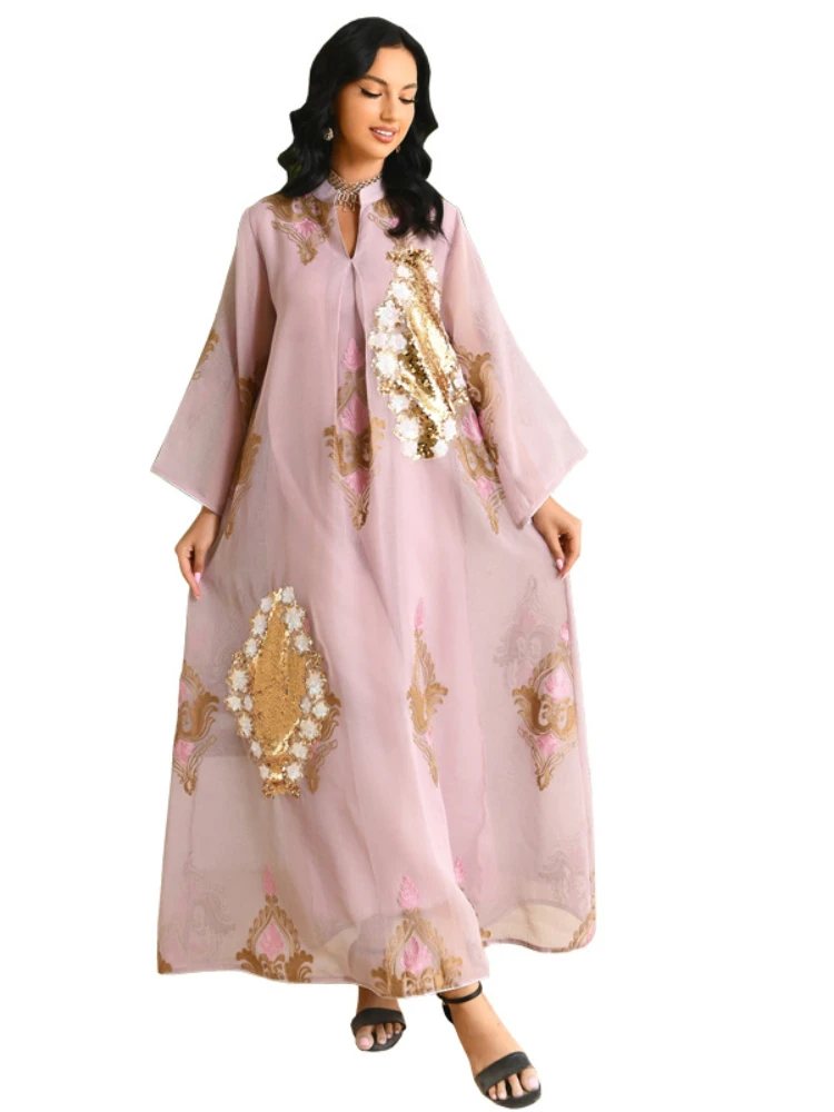 

Maxi Morocco Dress Muslim Women Abaya India Stand Collar Abayas Enbroidery Sequins Party Dresses Kaftan Longue Vestidos Largos