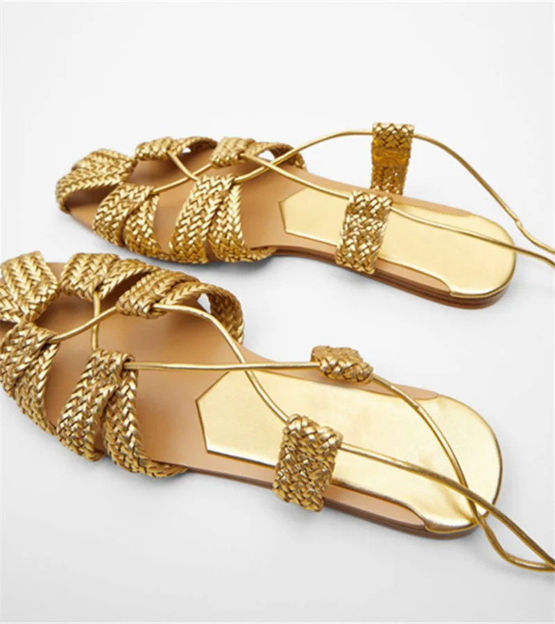 

Bohemian Braided Women Flat Sandals Lace-up Slippers Gladiator Beach Shoes Ladies Hollow Out Sandalias De Mujer Verano 2023