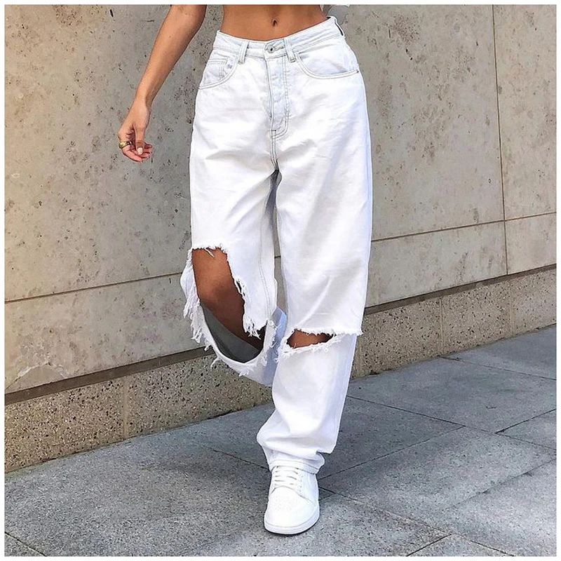 Mid Waist Boyfriend Fashion Loose Destroyed Women's Classic Hole Baggy Jeans White Women's Vintage Pants Wide Leg Jeans Trousers