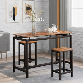 Mini Kitchen Table Set Square Bar Table and Chairs Space Saving Dining Room Retro Wood High Table Set for Restaurant Bar Stools
