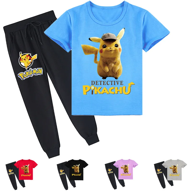 

Anime Pokemon Pikachu Children's Cartoon Print Fashion Summer O-Neck Short-sleeved T-shirt + Trousers Suit Two-piece Set Clothes