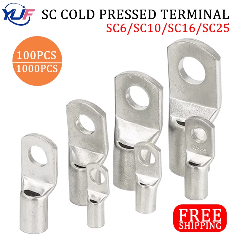 100 / 1000pcs SC Линейные носовые клеммы SC6 SC10 SC16 SC25 Голые медные аккумуляторные блоки разъем ID10 16 25 мм
