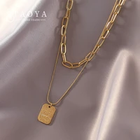 stainless steel double chain letter square pendant short necklace for woman korean fashion jewelry gothic girls choker chain